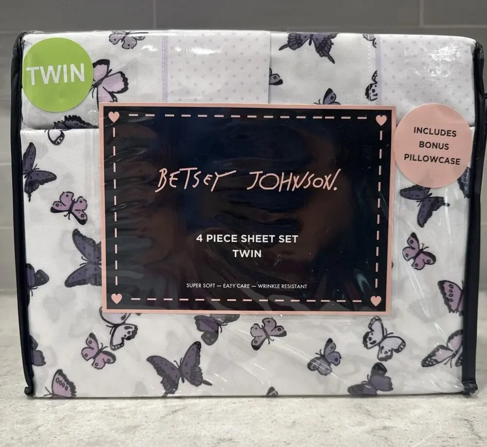 4 Pc BETSEY JOHNSON Purple Butterflies & Dots TWIN Sheet Set Super Soft Sheets